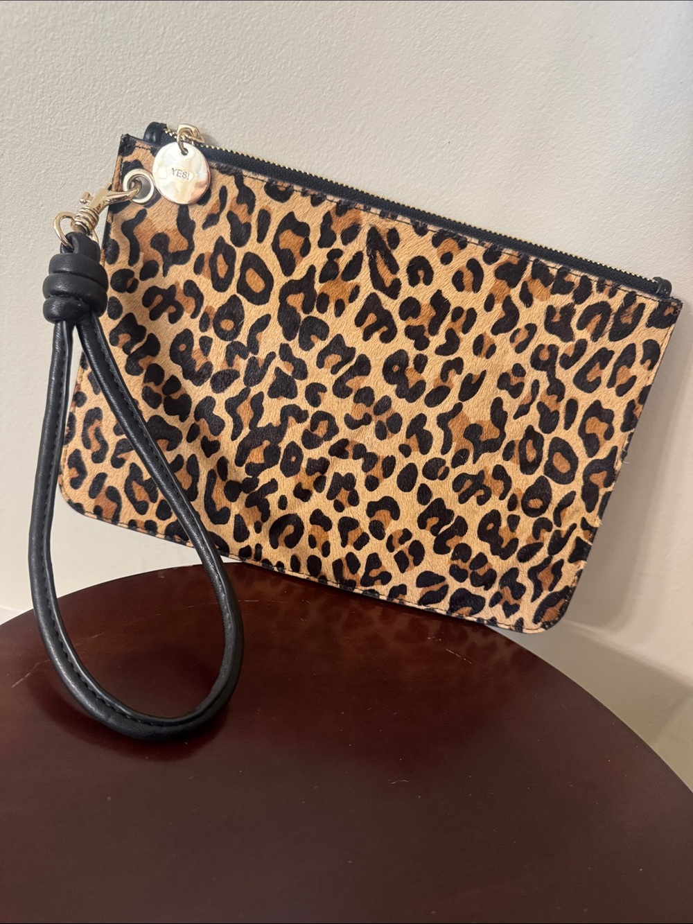 LOFT Leopard Print Wristlet Clutch in Tan and Black with Gold Charm